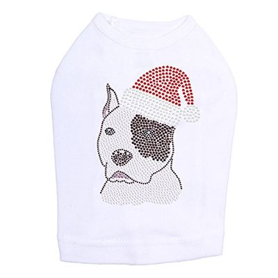 Pit Bull with Santa Hat - Bling Rhinestone Christmas Dog Shirt, 2XL White