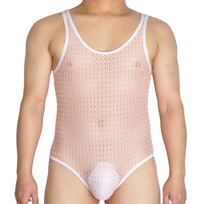 Men's Hollow Lace Leotards Bikini Briefs Bottom Vest Jacquard Male Bodysuit Pink M