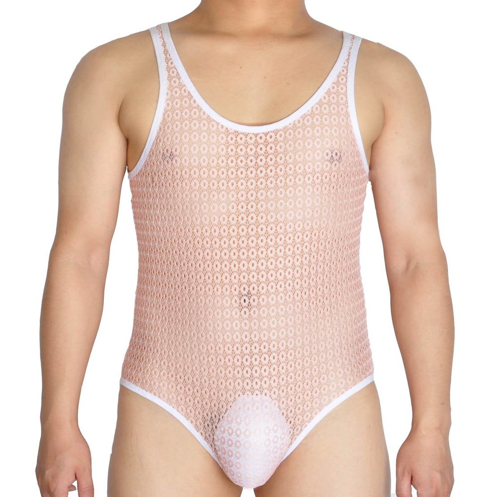 Men's Hollow Lace Leotards Bikini Briefs Bottom Vest Jacquard Male Bodysuit Pink M