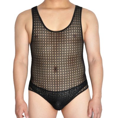 Men's Hollow Lace Leotards Bikini Briefs Bottom Vest Jacquard Male Bodysuit Black M