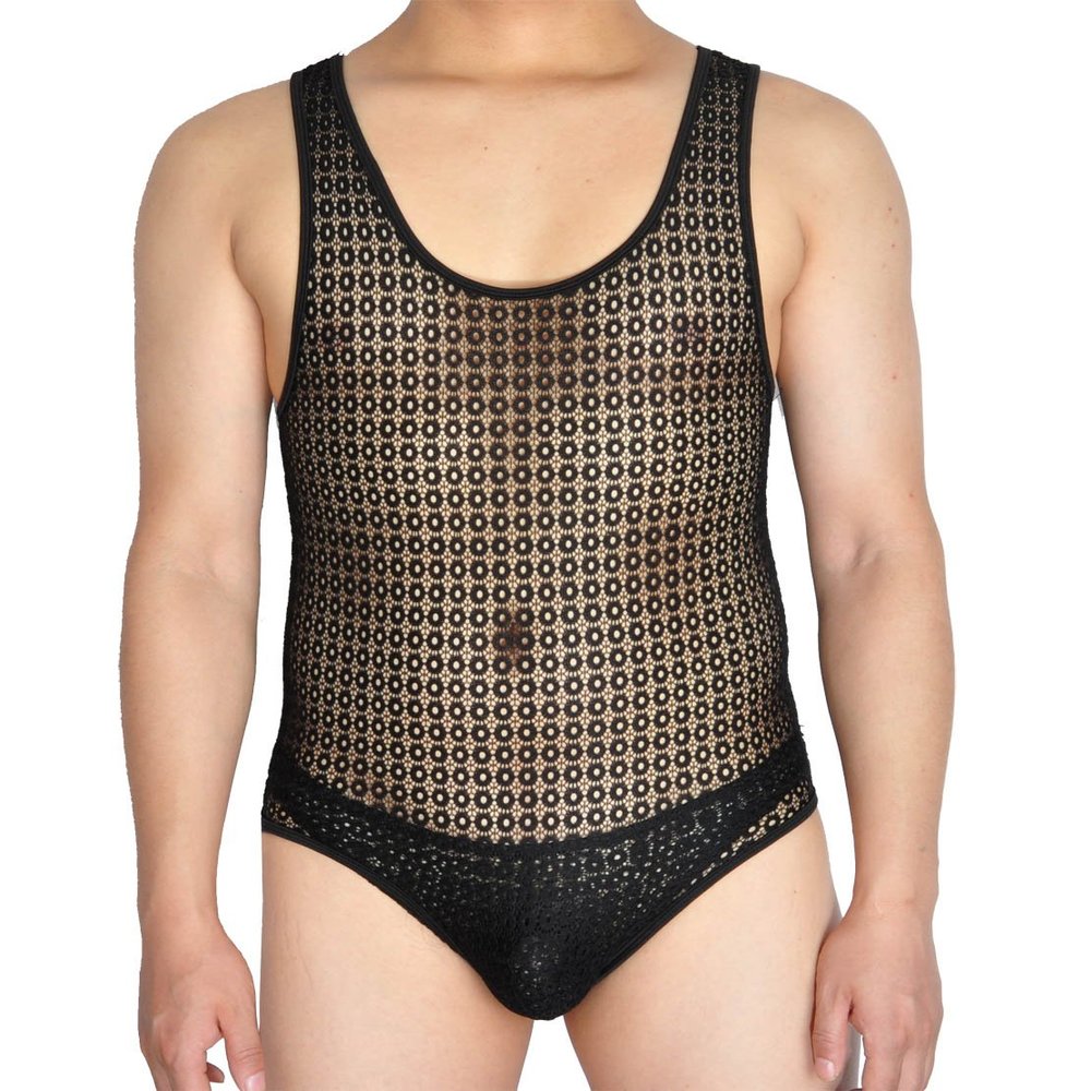 Men's Hollow Lace Leotards Bikini Briefs Bottom Vest Jacquard Male Bodysuit Black M
