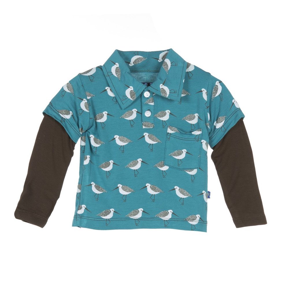 KicKee Pants Little Boys Long Sleeve Double Layer Polo Shirts, Bay Sandpiper, 2T