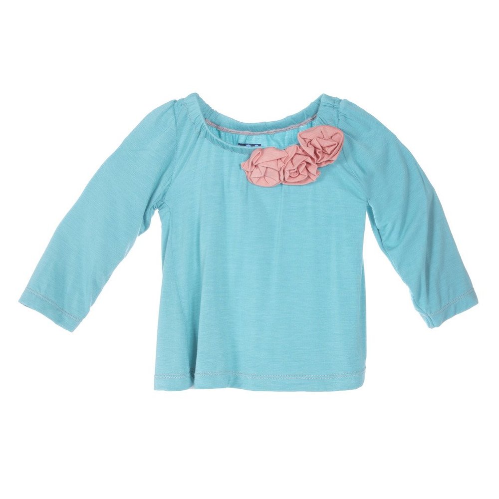 KicKee Pants Little Girls Long Sleeve Flower Tee, Glacier with Blush, 2T
