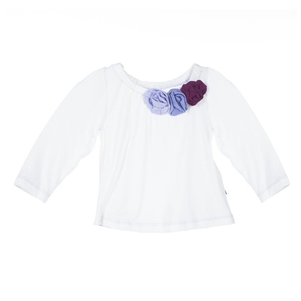 KicKee Pants Little Girls Long Sleeve Flower Tee, Natural with Lilac, 2T