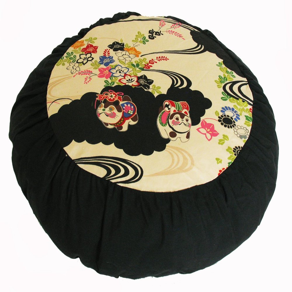 Boon Decor Meditation Cushion Zafu Buckwheat Pillow - Heavenly Kitties - Kimono Japanese Lucky Cats