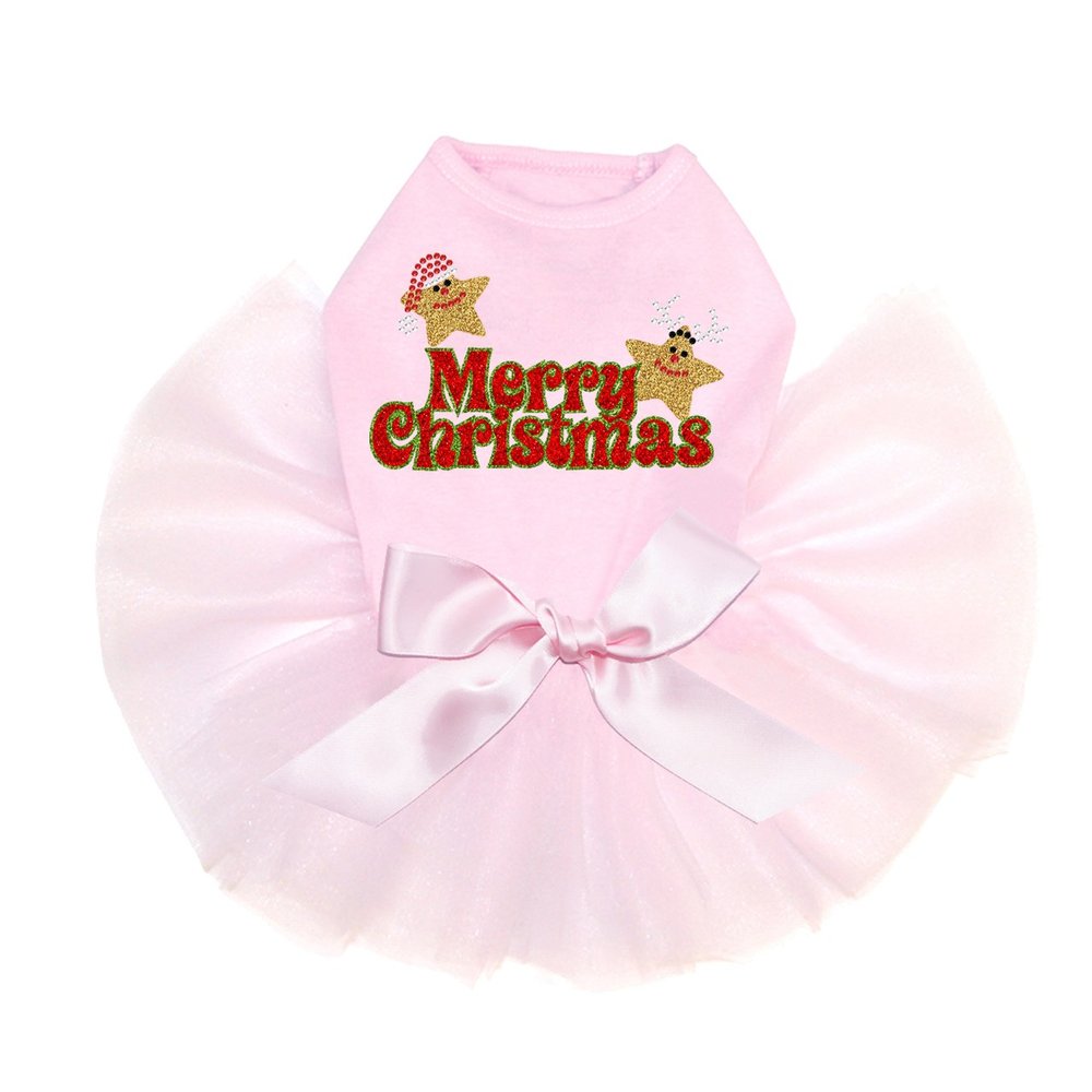 Merry Christmas Glitter Stars - Bling Rhinestone Christmas Dog Tutu Dress, S Pink