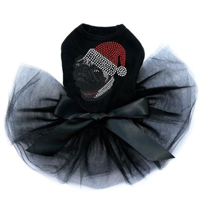 Pug with Santa Hat - Bling Rhinestone Christmas Dog Tutu Dress, XL Black
