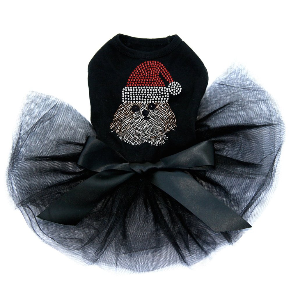 Shih Tzu with Santa Hat - Bling Rhinestone Christmas Dog Tutu Dress, 2XL Black