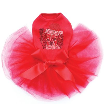Papillon with Santa Hat - Bling Rhinestone Christmas Dog Tutu Dress, L Red