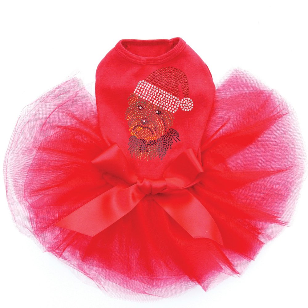 Yorkie Face # 1 with Santa Hat - Bling Rhinestone Christmas Dog Tutu Dress, L Red