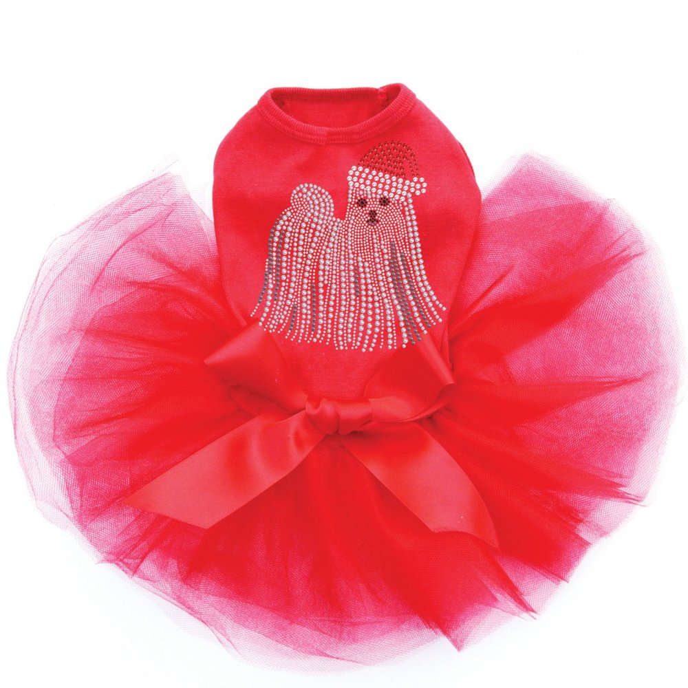Maltese with Santa Hat - Bling Rhinestone Christmas Dog Tutu Dress, 3XL Red
