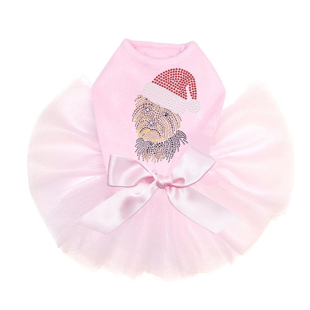 Yorkie Face # 1 with Santa Hat - Bling Rhinestone Christmas Dog Tutu Dress, 4XL Pink