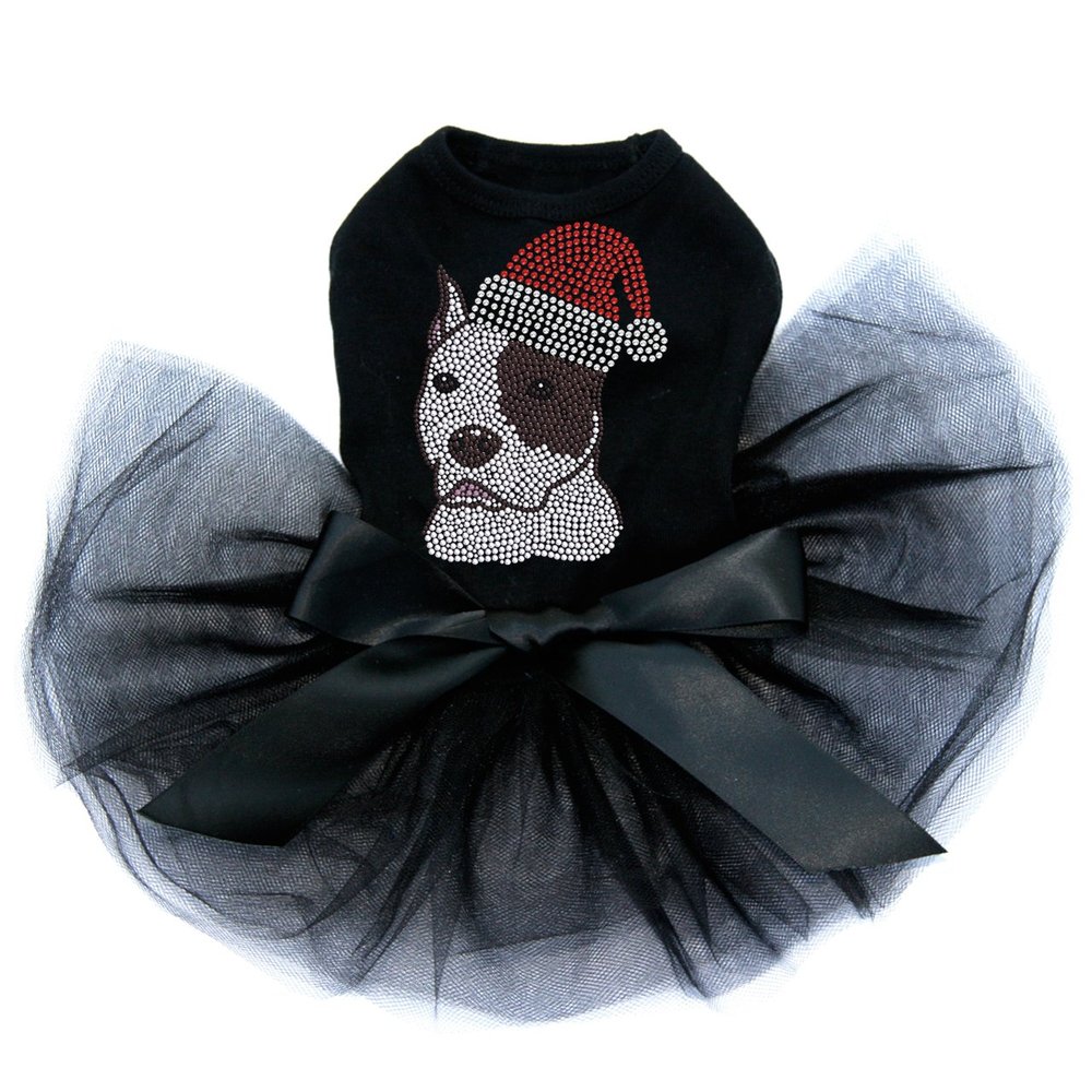 Pit Bull with Santa Hat - Bling Rhinestone Christmas Dog Tutu Dress, L Black