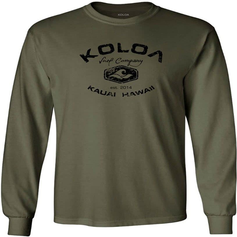 Joe's USA Koloa Surf Vintage Logo Heavy Cotton Long Sleeve T-Shirt (Military Green - Black Logo, Medium)