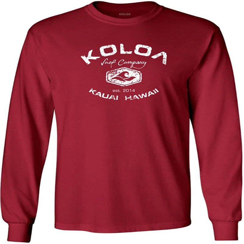 Joe's USA Koloa Surf Vintage Logo Heavy Cotton Long Sleeve T-Shirt-Medium-Cardinal/White