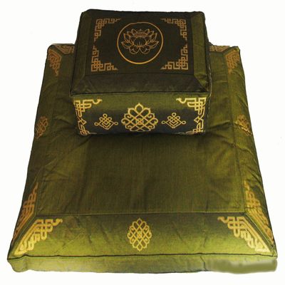 Boon Decor Meditation Cushion Set Rectangular Zafu Pillow Zabuton - Silkscreen Sacred Symbol Lotus Enlightenment Olive Green