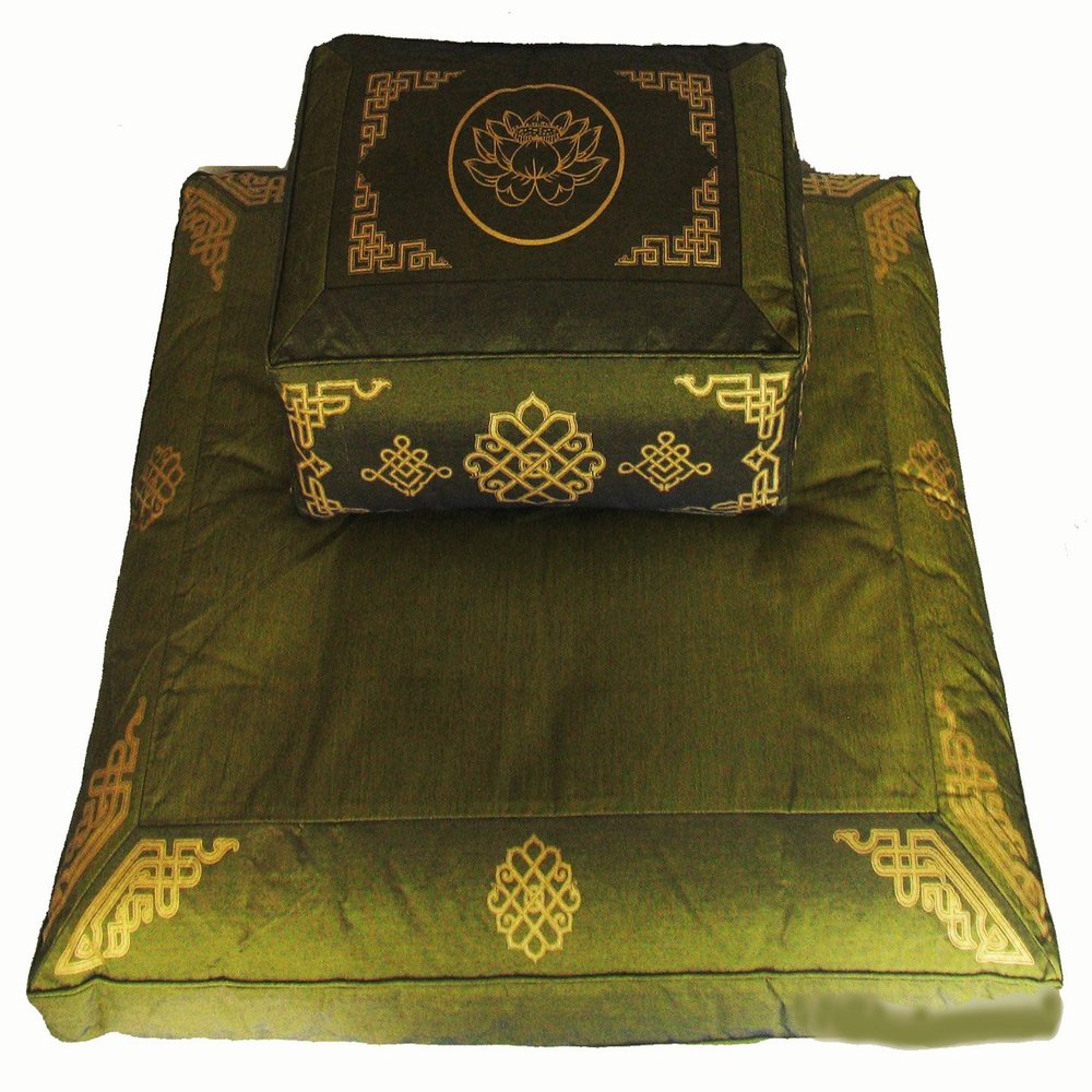 Boon Decor Meditation Cushion Set Rectangular Zafu Pillow Zabuton - Silkscreen Sacred Symbol Lotus Enlightenment Olive Green