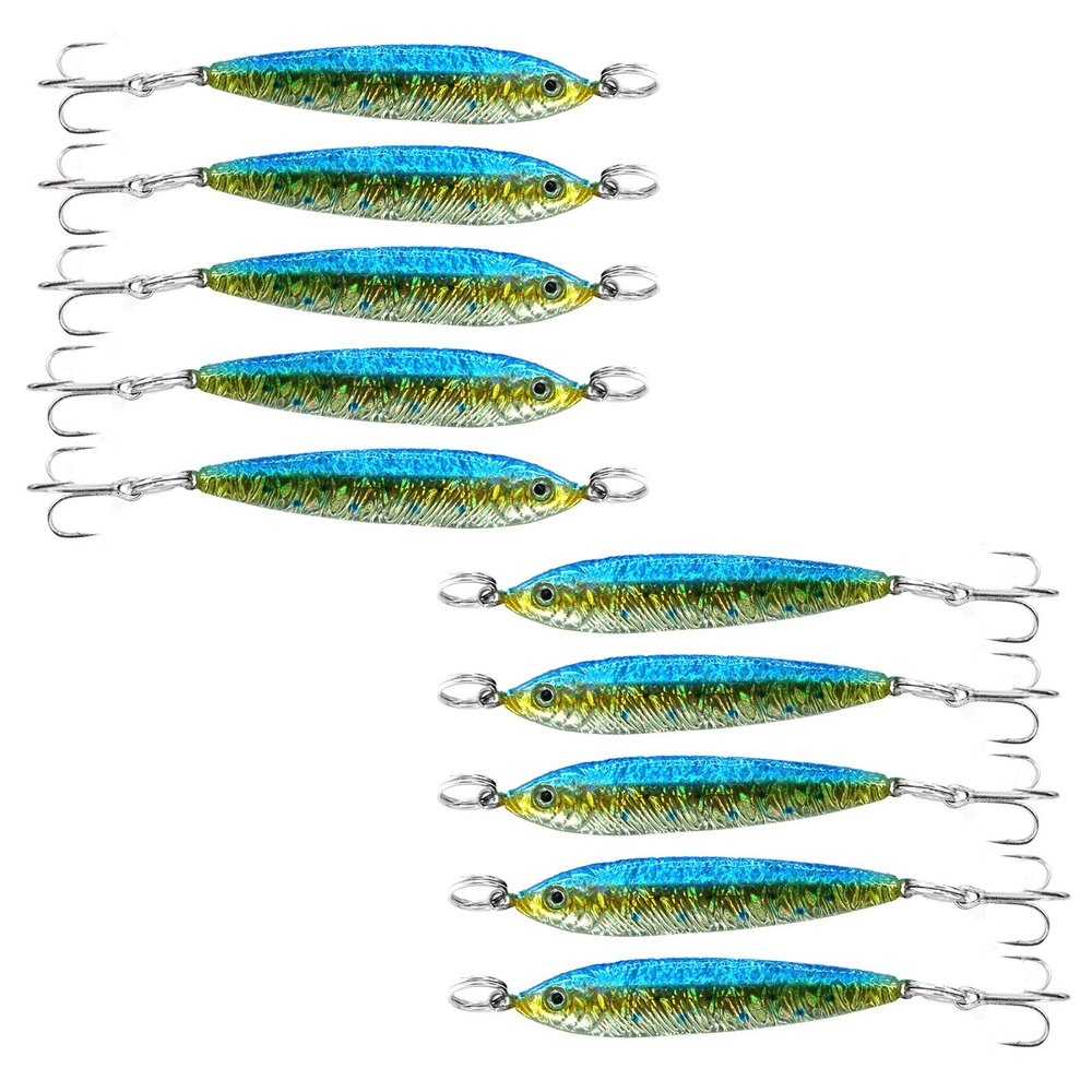 Fish WOW! 10pcs 1oz Fish Mega Live Metal Bait Jig with a Treble Hook - Blue Sardine