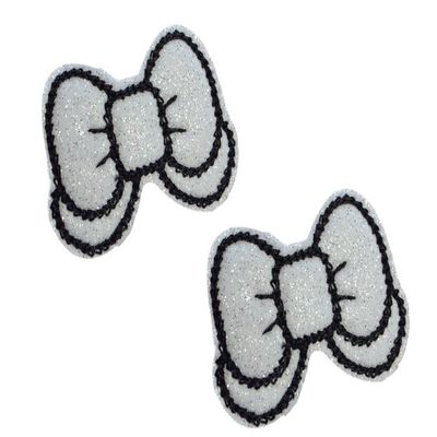 Shimmering Glitter Embroidered Bow Hair Bow Clippie Set for Girls By Funny Girl Designs (White & Black)