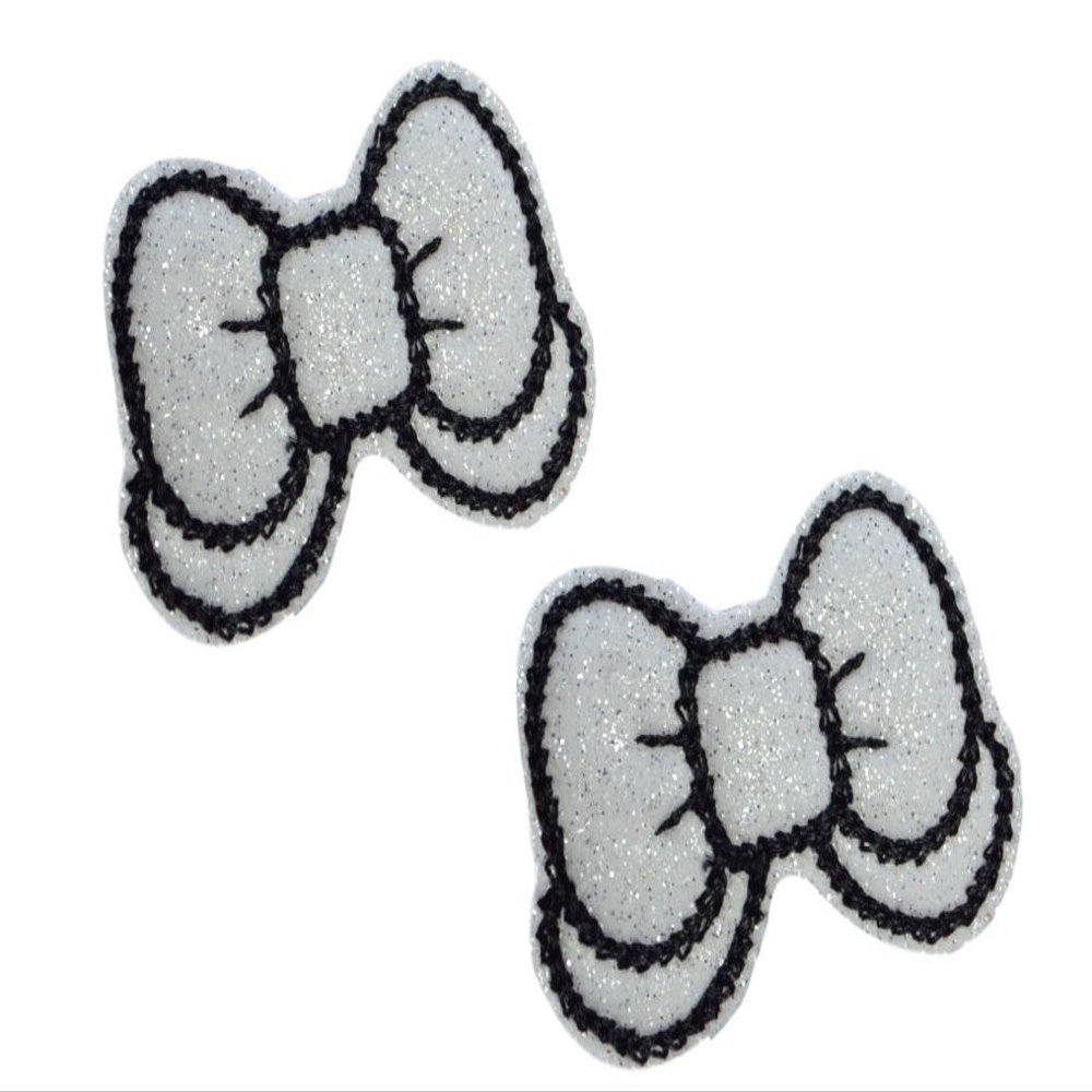 Shimmering Glitter Embroidered Bow Hair Bow Clippie Set for Girls By Funny Girl Designs (White & Black)