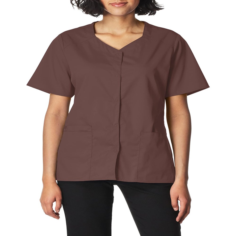 WonderWink Women's Wonderwork Short Sleeve Snap Jacket, Chocolate, Medium