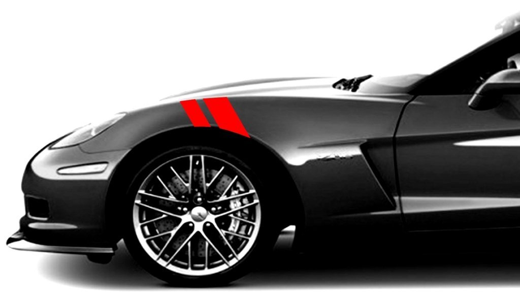 2 and 3 Inch Fender Racing Stripes Vinyl Decals, Fits Chevy Corvette C6 Stingray, Driver Side, Red
