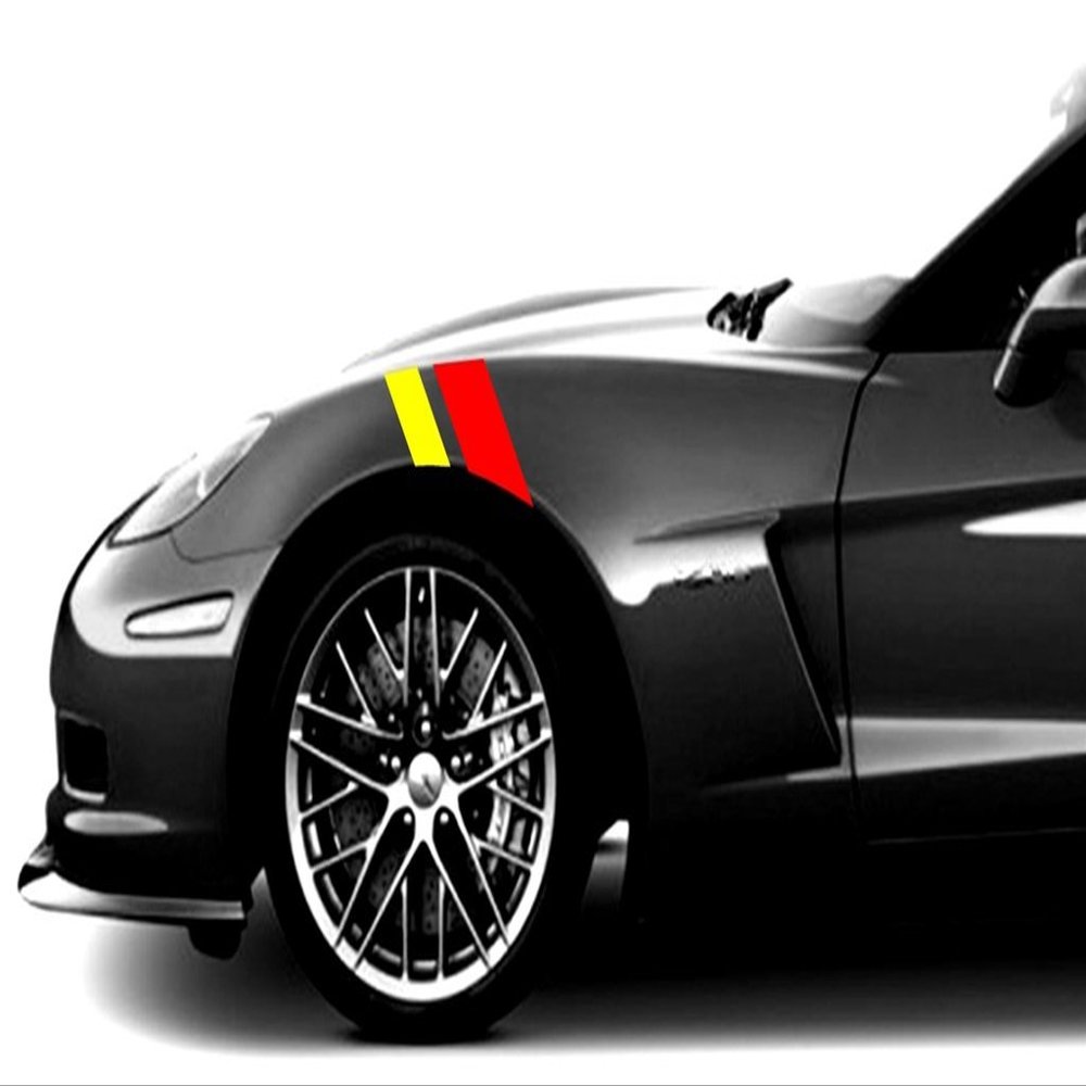 2 and 3 Inch Fender Racing Stripes Vinyl Decals, Fits Chevy Corvette C6 Stingray, Both Sides, Red and Yellow