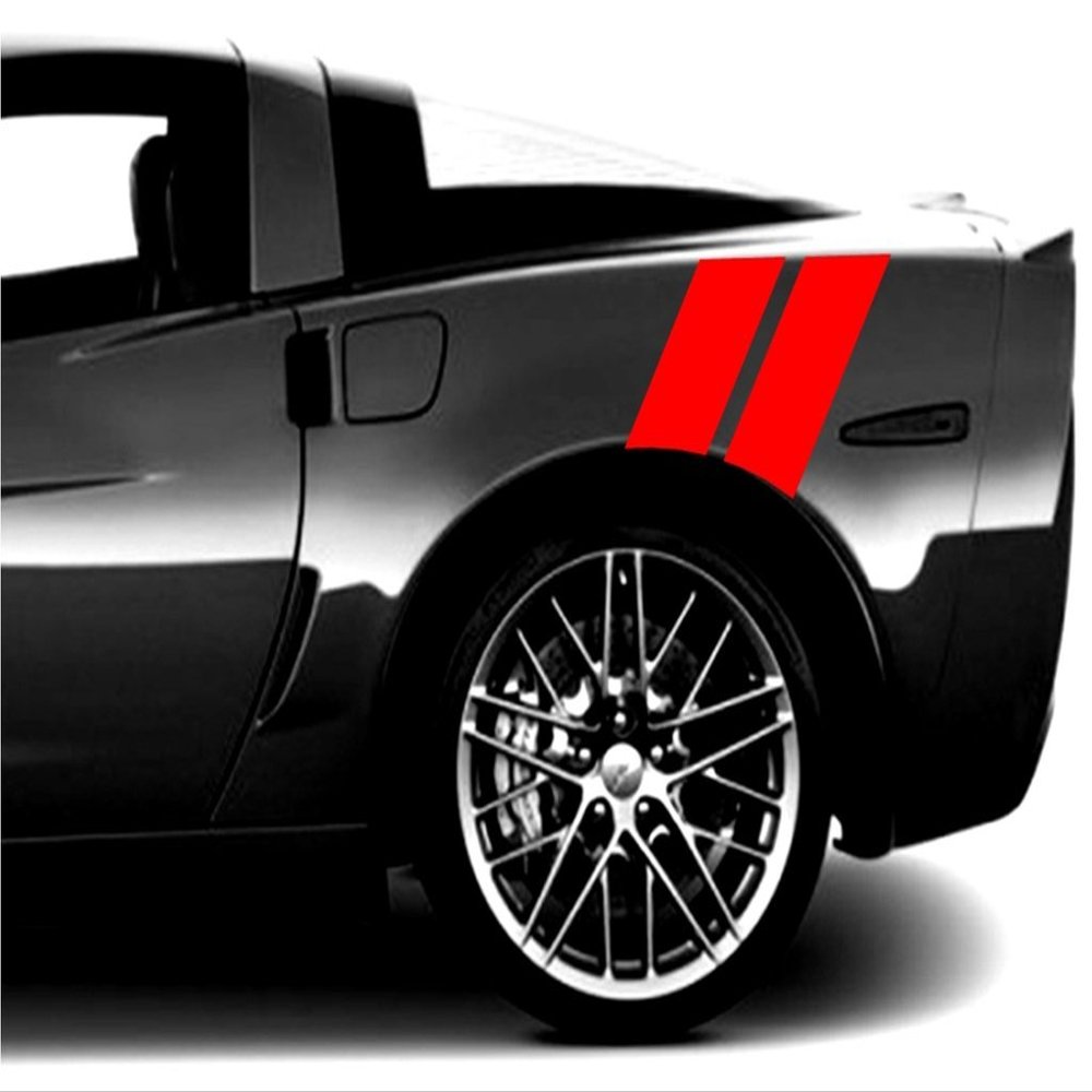 Clausen's World 4 Inch Rear Fender Hash Mark Double Bars Racing Stripes Vinyl Decals Both Sides, Fits Chevy Corvette C6 Stingray, Red