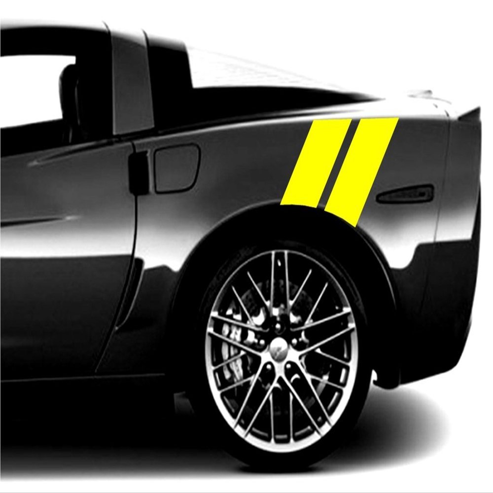Clausen's World 4 Inch Rear Fender Hash Mark Double Bars Racing Stripes Vinyl Decals Both Sides, Fits Chevy Corvette C6 Stingray, Yellow