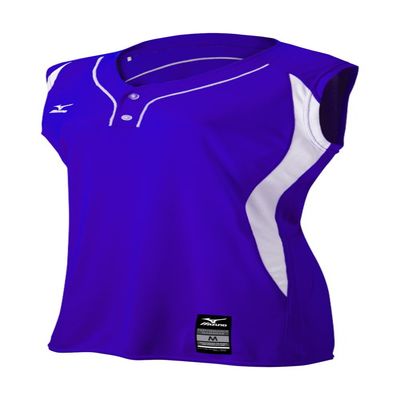 Mizuno Girl's Elite 2-Button Game jersey - Sleeveless, Purple-White, LARGE (L)