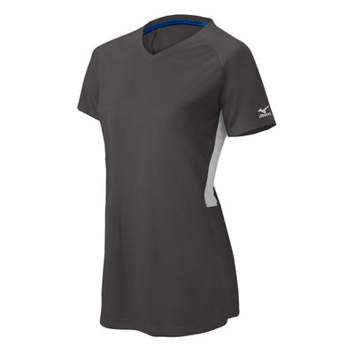 Mizuno Girl's Comp Short-Sleeve V-Neck, Dark CHARCOAL-White, MEDIUM (M)