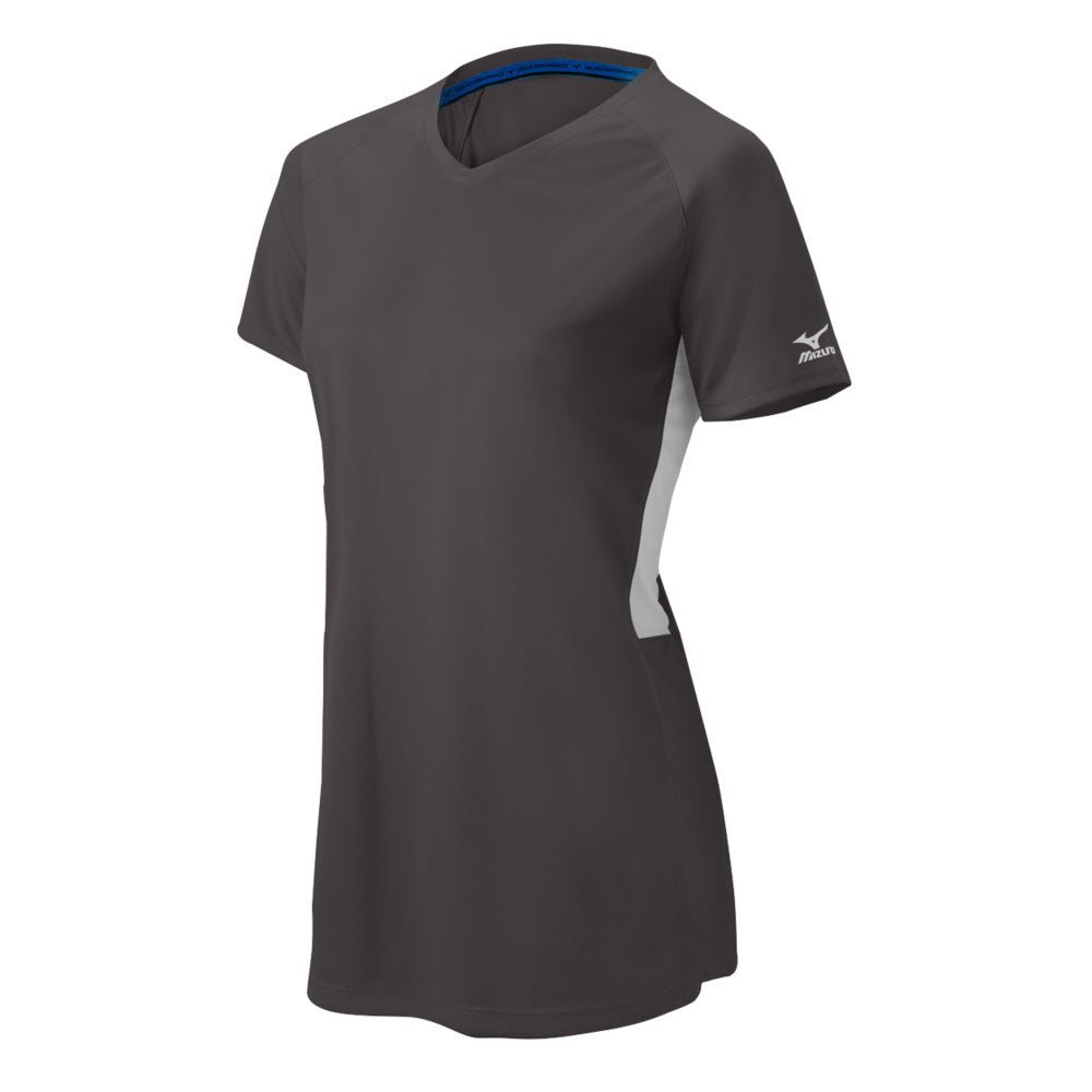 Mizuno Girl's Comp Short-Sleeve V-Neck, Dark CHARCOAL-White, MEDIUM (M)