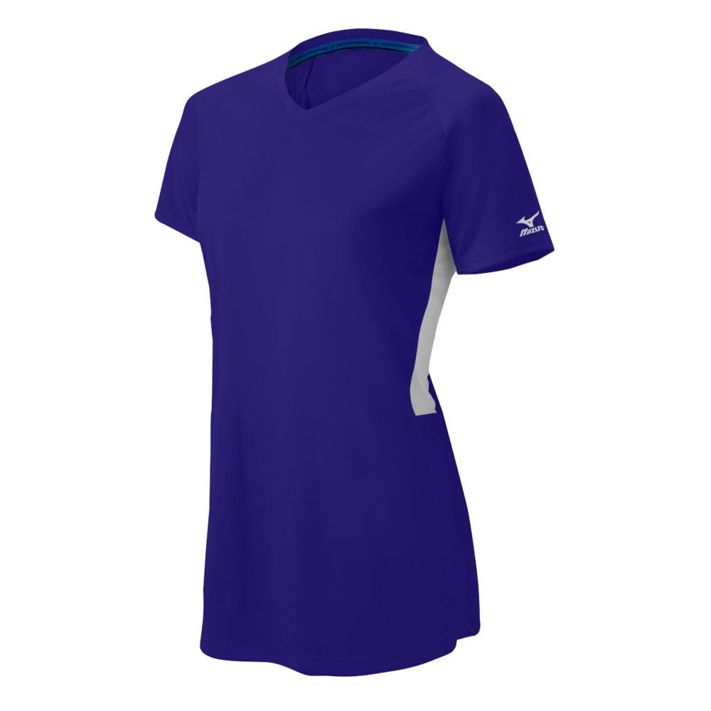 Mizuno Girl's Comp Short-Sleeve V-Neck, Purple-White, MEDIUM (M)