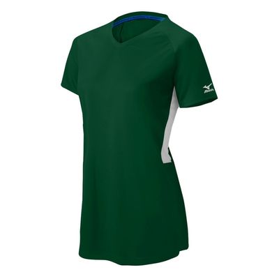 Mizuno Girl's Comp Short-Sleeve V-Neck, Forest-White, MEDIUM (M)