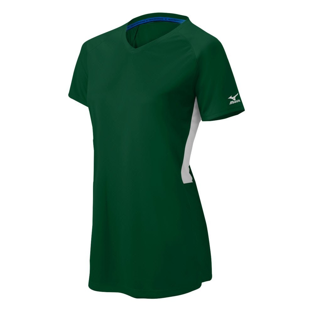 Mizuno Girl's Comp Short-Sleeve V-Neck, Forest-White, MEDIUM (M)
