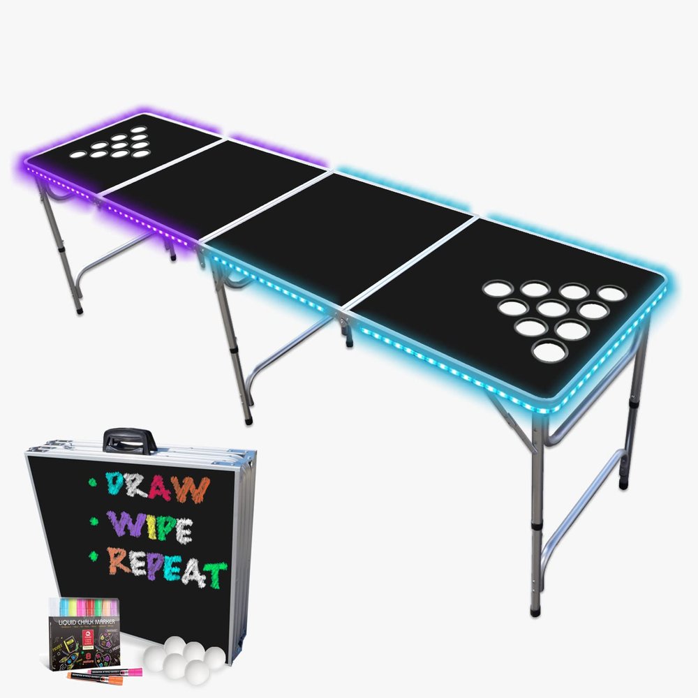 PartyPong 8-Foot Black Dry Erase Beer Pong Table w/Cup Holes, LED Glow Lights, Erasable Markers & Pong Balls