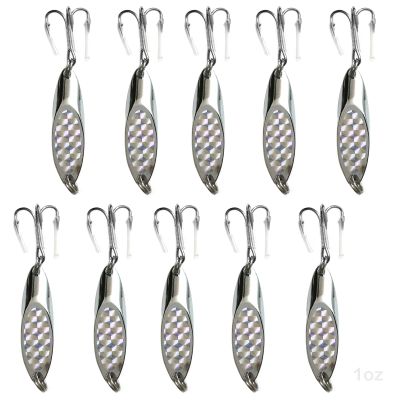 10pcs 1oz (28gr.) Fishing Kast Spoon with a Treble Hook Fish Chrome Jig Bait Lures Holographic Laser Silver Tape Kast Master Style Champ Spoons - Fish WOW!