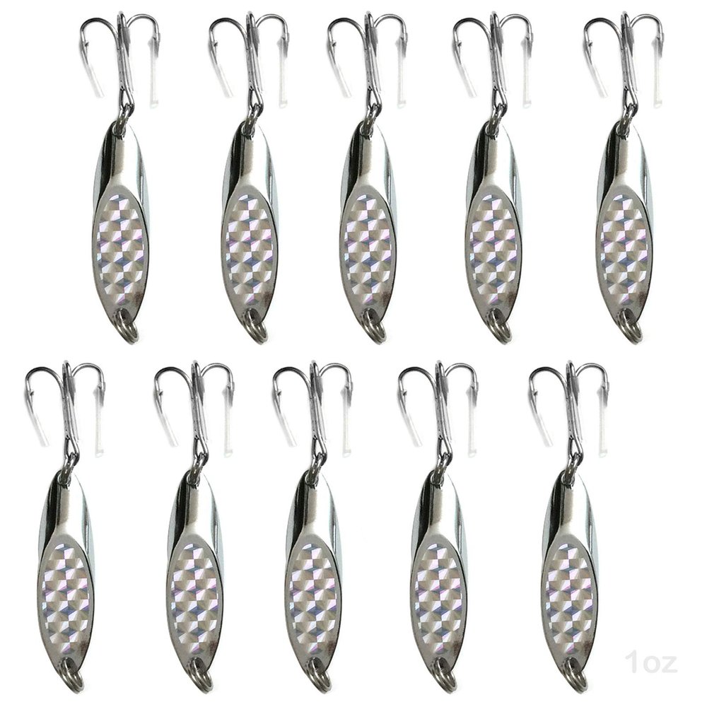 10pcs 1oz (28gr.) Fishing Kast Spoon with a Treble Hook Fish Chrome Jig Bait Lures Holographic Laser Silver Tape Kast Master Style Champ Spoons - Fish WOW!