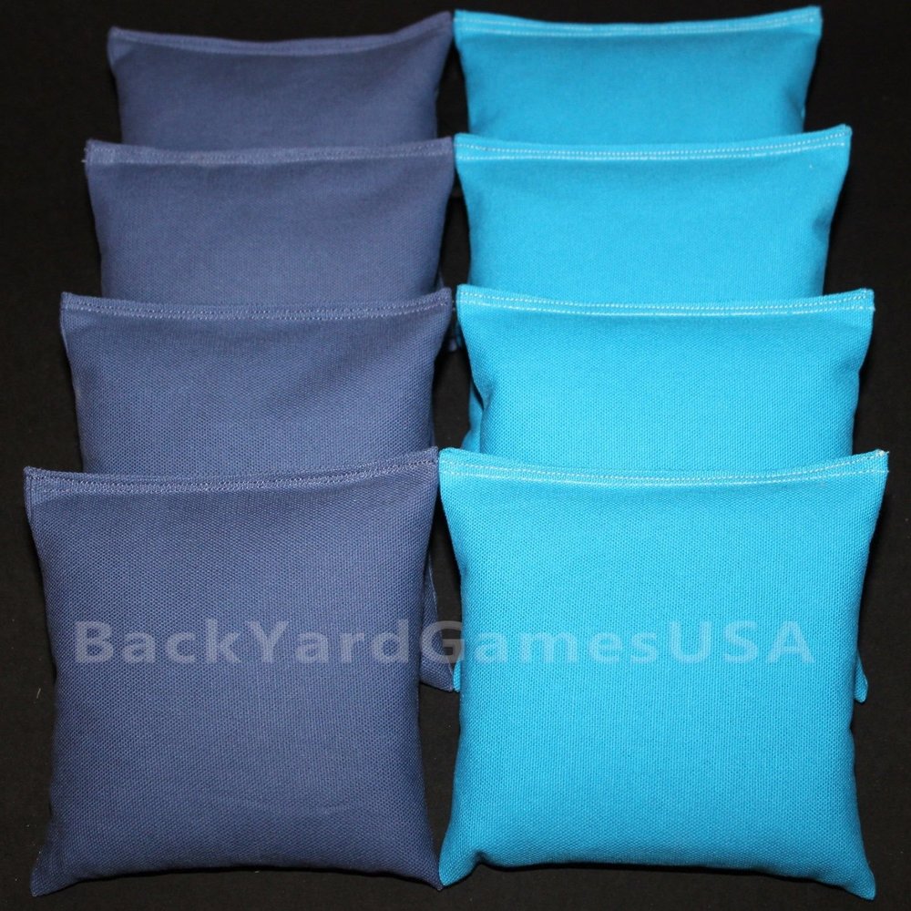 BackYardGamesUSA 8 All Weather Waterproof Cornhole Bags Pick Your 2 Colors Resin Fill 23 (Navy Blue/Light Blue)