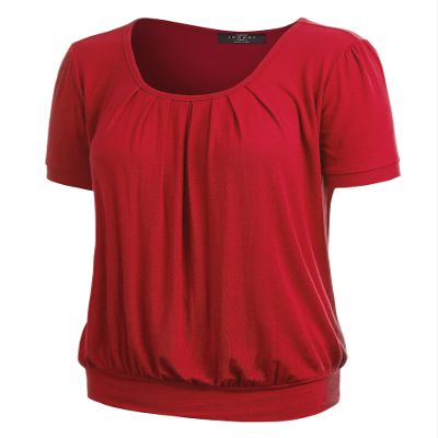 WT1175 Womens Scoop Neck Short Sleeve Front Pleated Tunic L RED