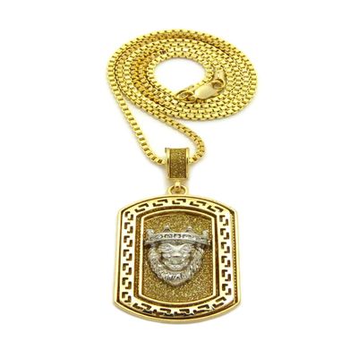 NYFASHION101 Crown King Lion in Dog Tag Pendant with Box Chain Necklace - 30" Silver-Tone Lion