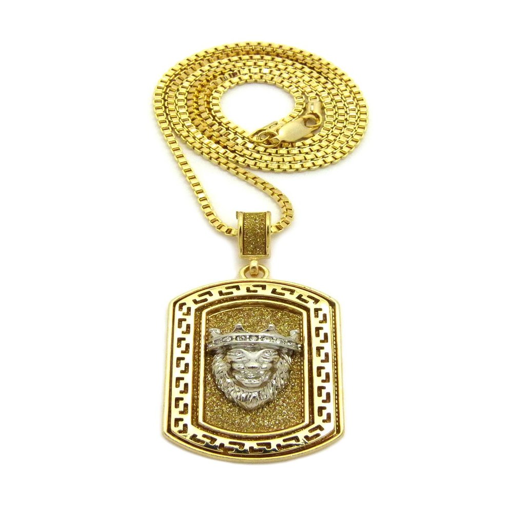 NYFASHION101 Crown King Lion in Dog Tag Pendant with Box Chain Necklace - 30" Silver-Tone Lion