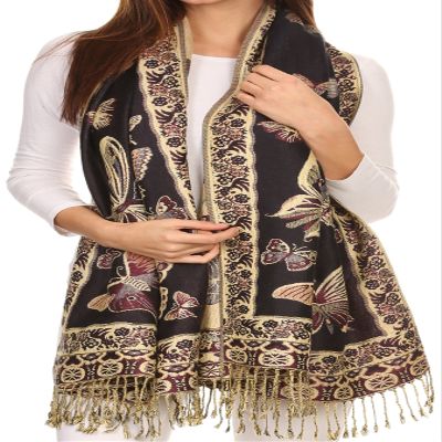 Sakkas Liua Long Wide Woven Patterned Design Multi Colored Pashmina Shawl/Scarf - Navy - OS