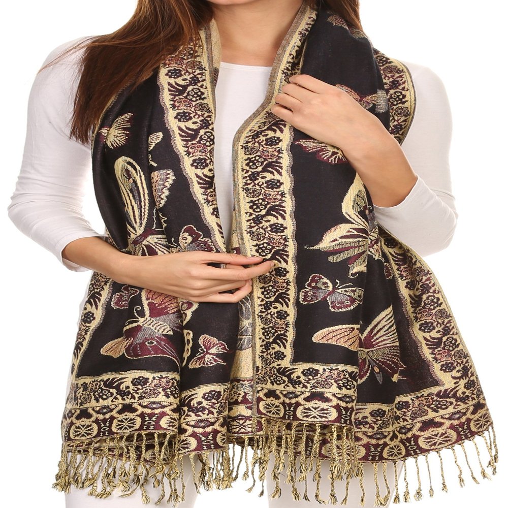Sakkas Liua Long Wide Woven Patterned Design Multi Colored Pashmina Shawl/Scarf - Navy - OS