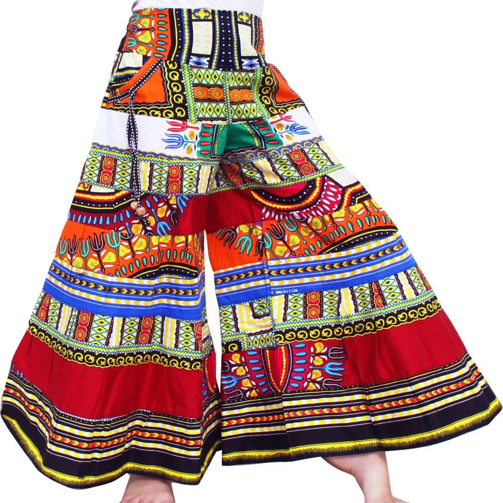 RaanPahMuang Childrens African Patch Dashiki Bright Pants Wide Flared Lower Leg, Medium, Orange-Dark Red