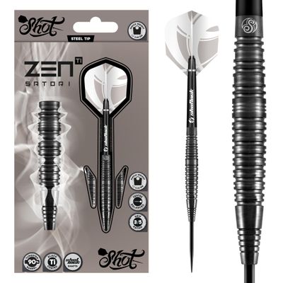 Shot Darts Steel Tip, Zen Satori (22g/ 24g/ 25g), 90% Tungsten Barrels, Center Balanced for Maximum Aerodynamics Handcrafted Professional Dart Set and Flights Made in New Zealand, Metal Tip Bar Darts
