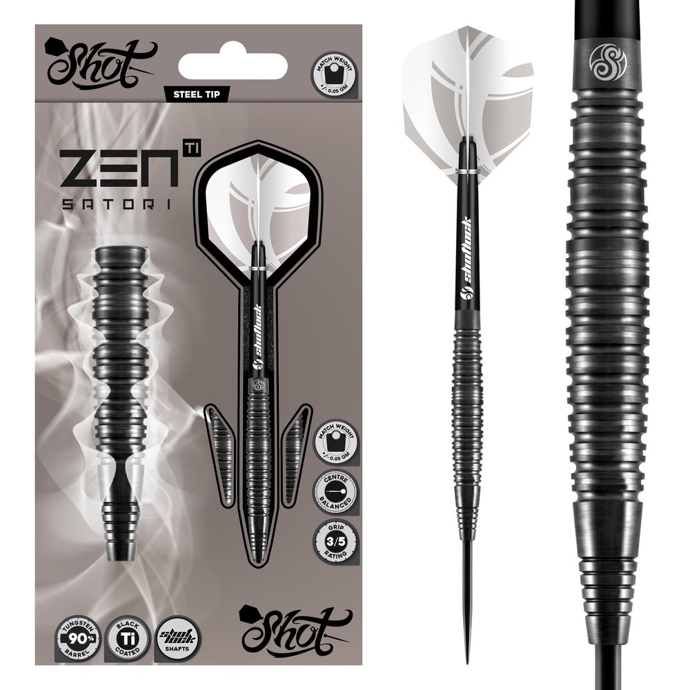 Shot Darts Steel Tip, Zen Satori (22g/ 24g/ 25g), 90% Tungsten Barrels, Center Balanced for Maximum Aerodynamics Handcrafted Professional Dart Set and Flights Made in New Zealand, Metal Tip Bar Darts