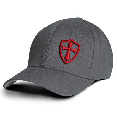 Crusader Baseball Cap for Men, Mid Profile Stretch Fitted, Grey Hat with Red, Large/X-Large