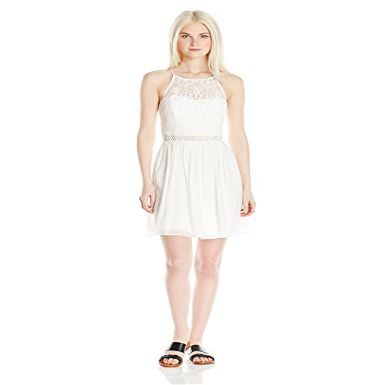 A. Byer Junior's Cut Away Illusion Yoke Sweetheart Neck Lace Popover Dress, Ivory, 7