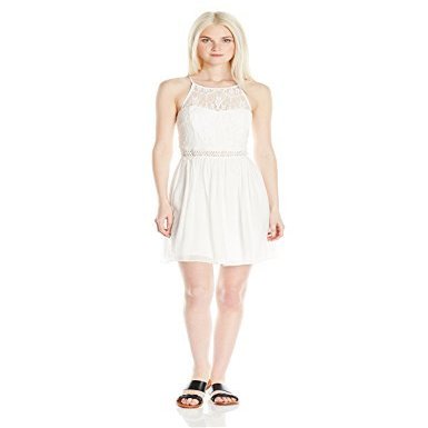 A. Byer Junior's Cut Away Illusion Yoke Sweetheart Neck Lace Popover Dress, Ivory, 7